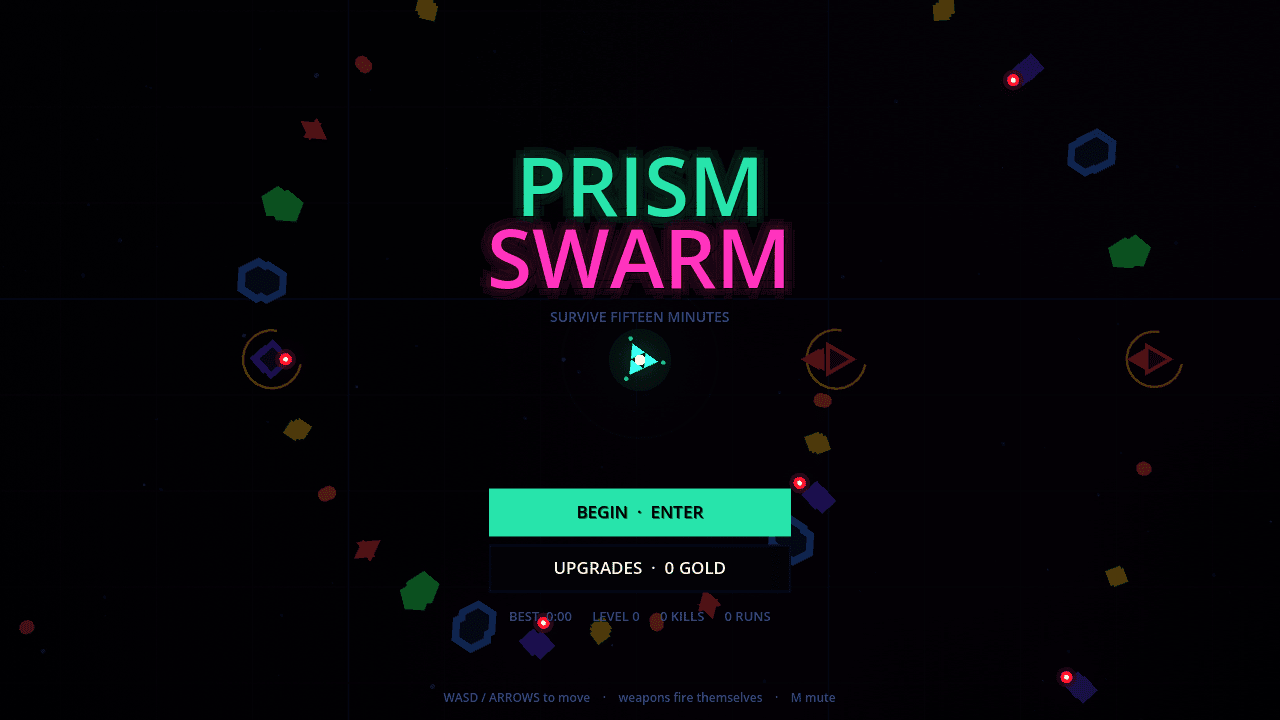 Prism Swarm title screen surrounded by neon enemies